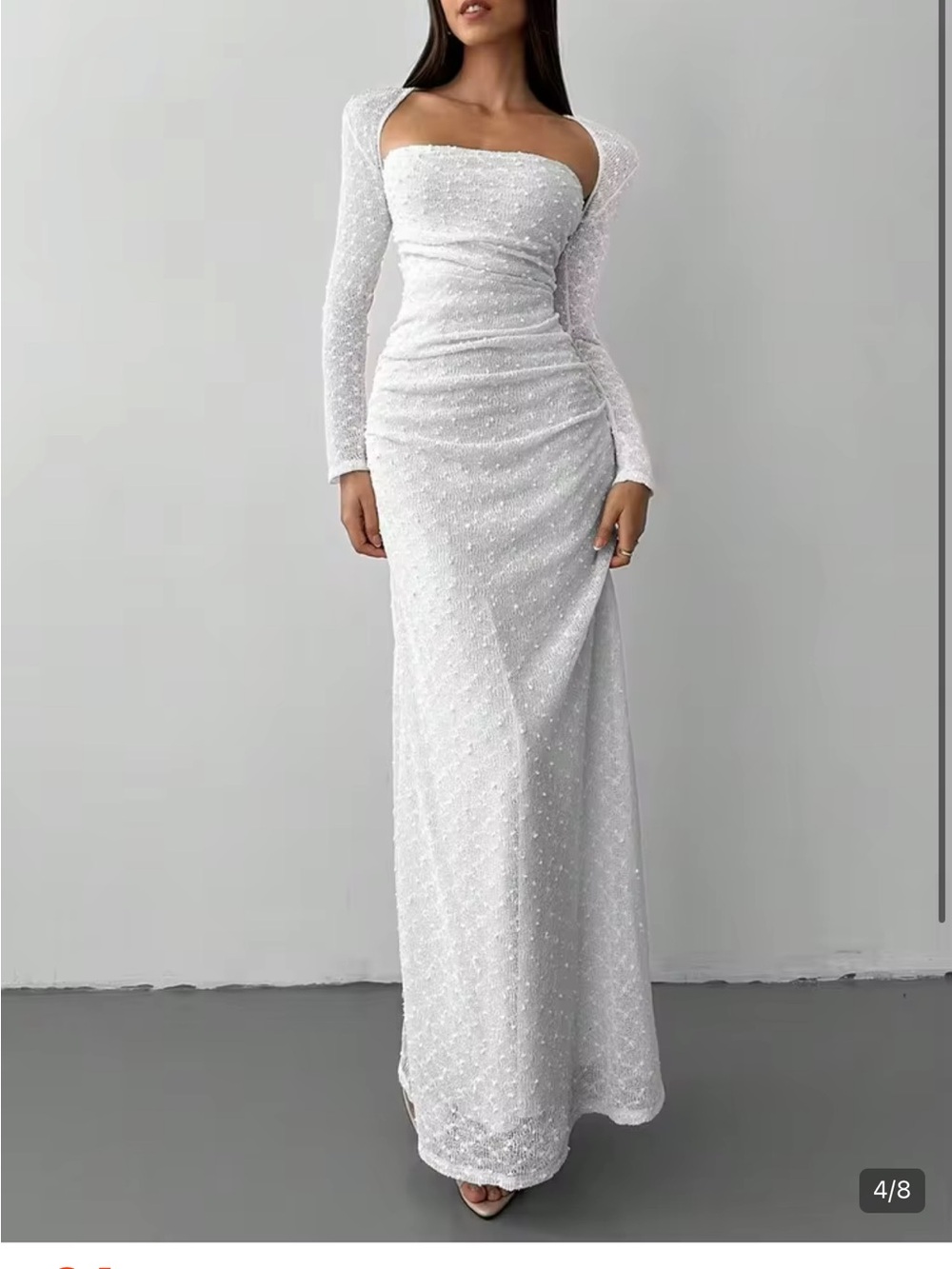 Off White Long Sleeve Textured Evening Gown